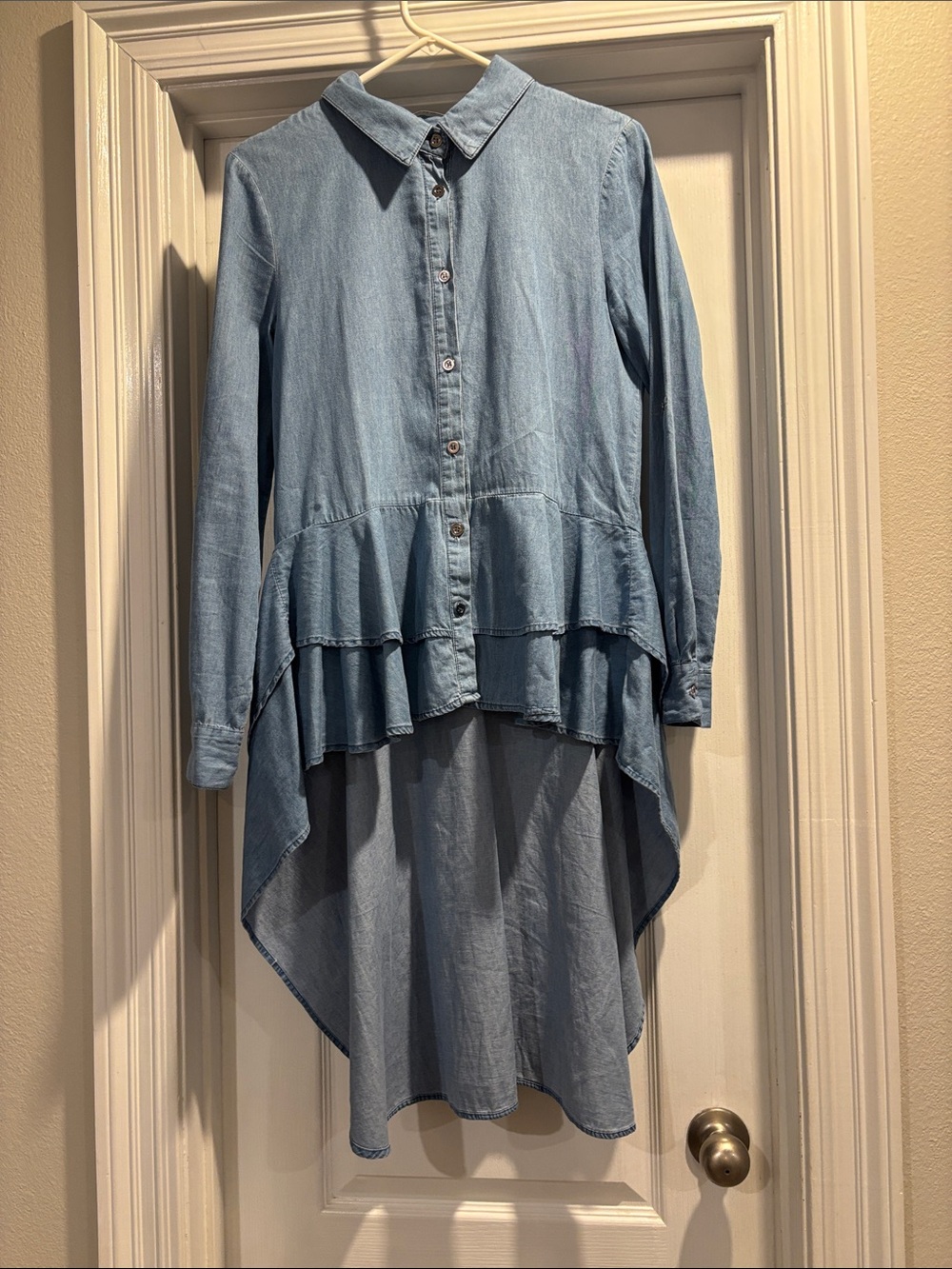 Denim high low ruffle  top